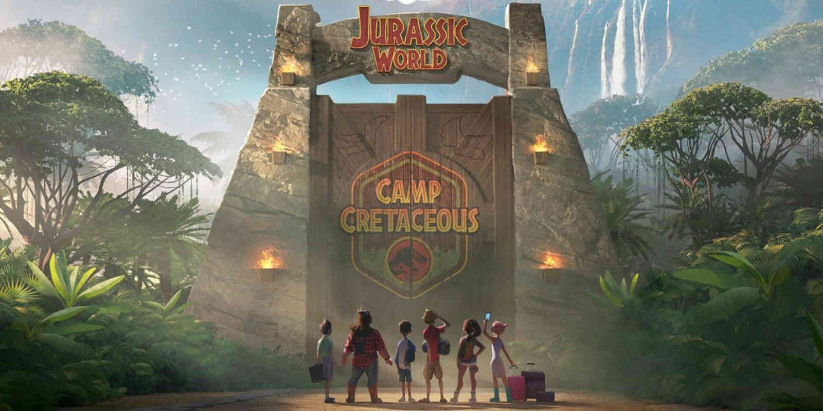 Potret animasi enam orang remaja di depan gerbang bertuliskan Camp Cretaceous